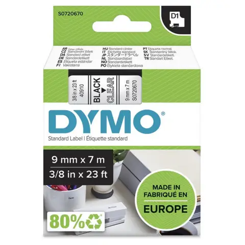 Dymo taśma do drukarek etykiet, D1 40910 czarny/przezroczysty 7m/9mm